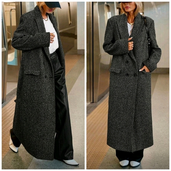 Jackets & Blazers - New Chic Oversized Herringbone Tweed Long Maxi Jacket Coat Black White